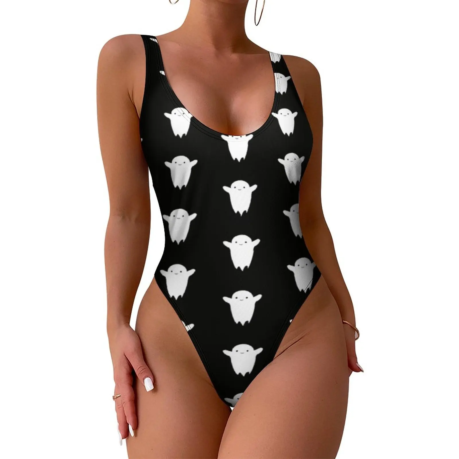 

Chibi Ghost Swimsuit Cute Halloween Print One Piece Swimwear Push Up Fantasy Monokini Sexy Surfing Printed Bodysuit