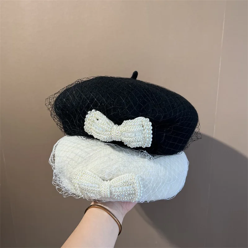 

202211-WM new dropshipping wool felt sweet pearl bowknot mesh grace lady beret hat women Leisure painter hat