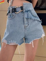 dfrcaeg 2022 summer womens denim shorts with belt streetwear high waist tassel irregular jeans shorts blue color short femme