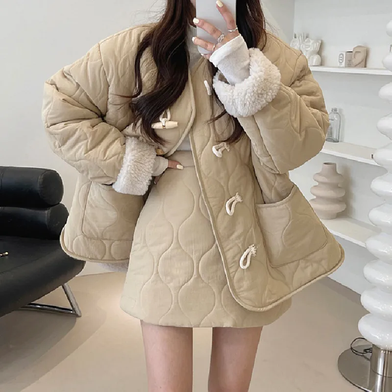 

Winter 2 Piece Sets Women Outfit Warm Thickened Long Sleeve Loose Cotton Jacket + High Waist Mini Skirt Two Piece Set for Women