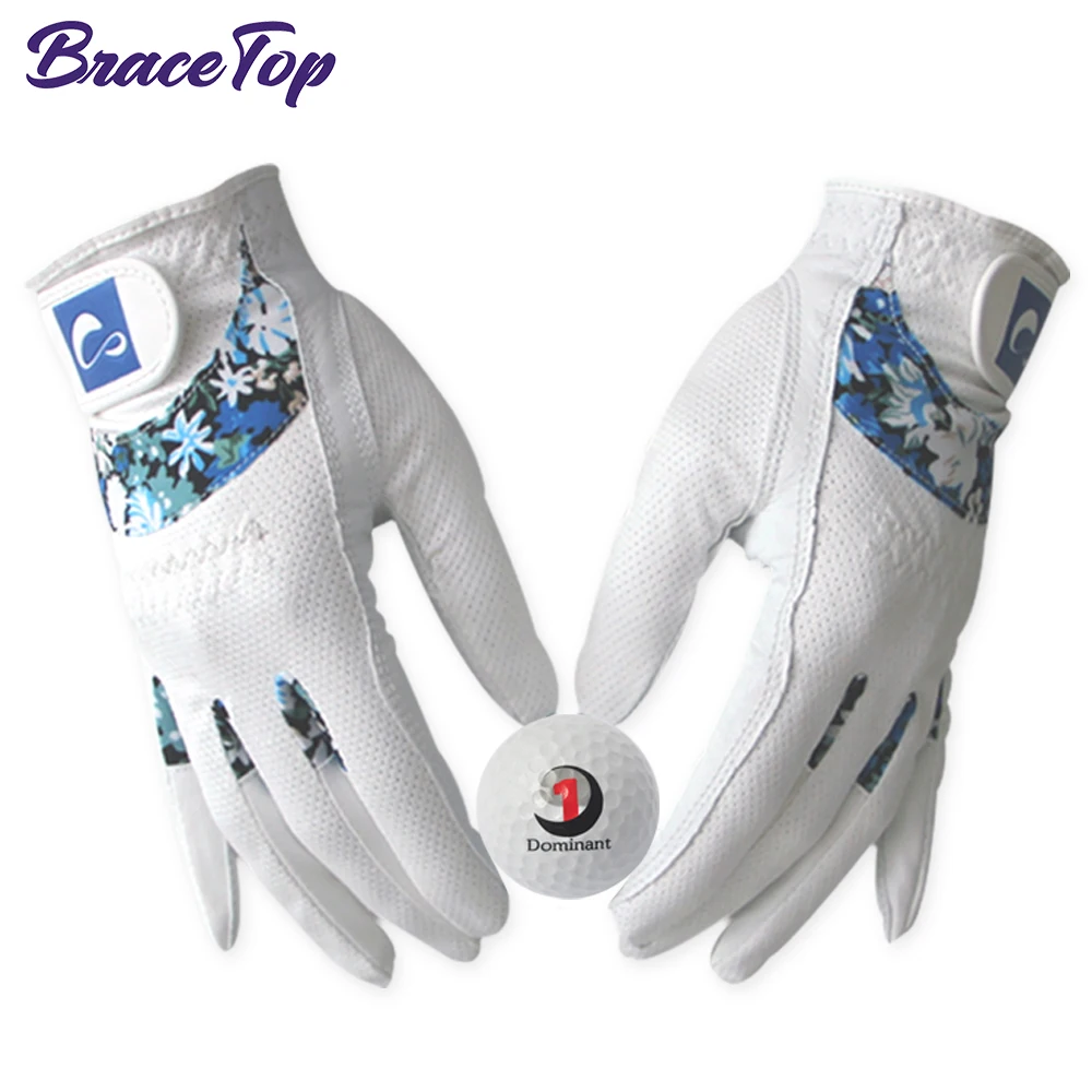 BraceTop 1 Pair Women Golf Gloves Palm Sheepskin Hand Back Printed Mesh Nano Microfiber Cloth Breathable and Wear-resistant New