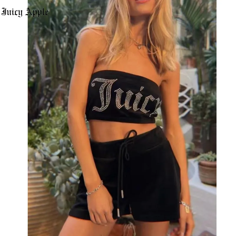 Juicy Velvet Tracksuit Velour Two Piece Set Women Crop Top + Shorts Pants Casual Bandage Short Y2k  Matching Female Sewing Suit