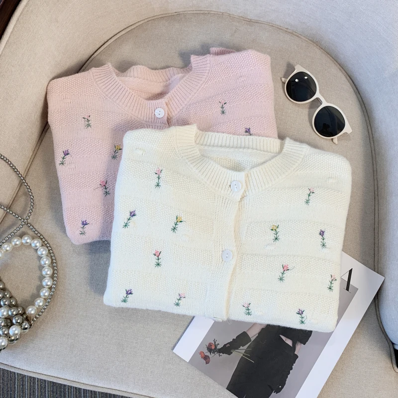 [ZOCI] 2024 милый стиль вязаный кардиган с цветочной вышивкой пальто женский осенний