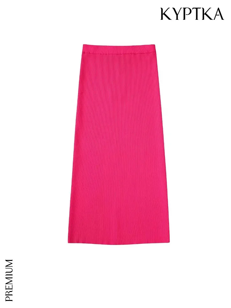 

KYPTKA Women Fashion Back Vents Ribbed Knit Midi Skirt Vintage High Waist With Elastic Waistband Female Skirts Mujer