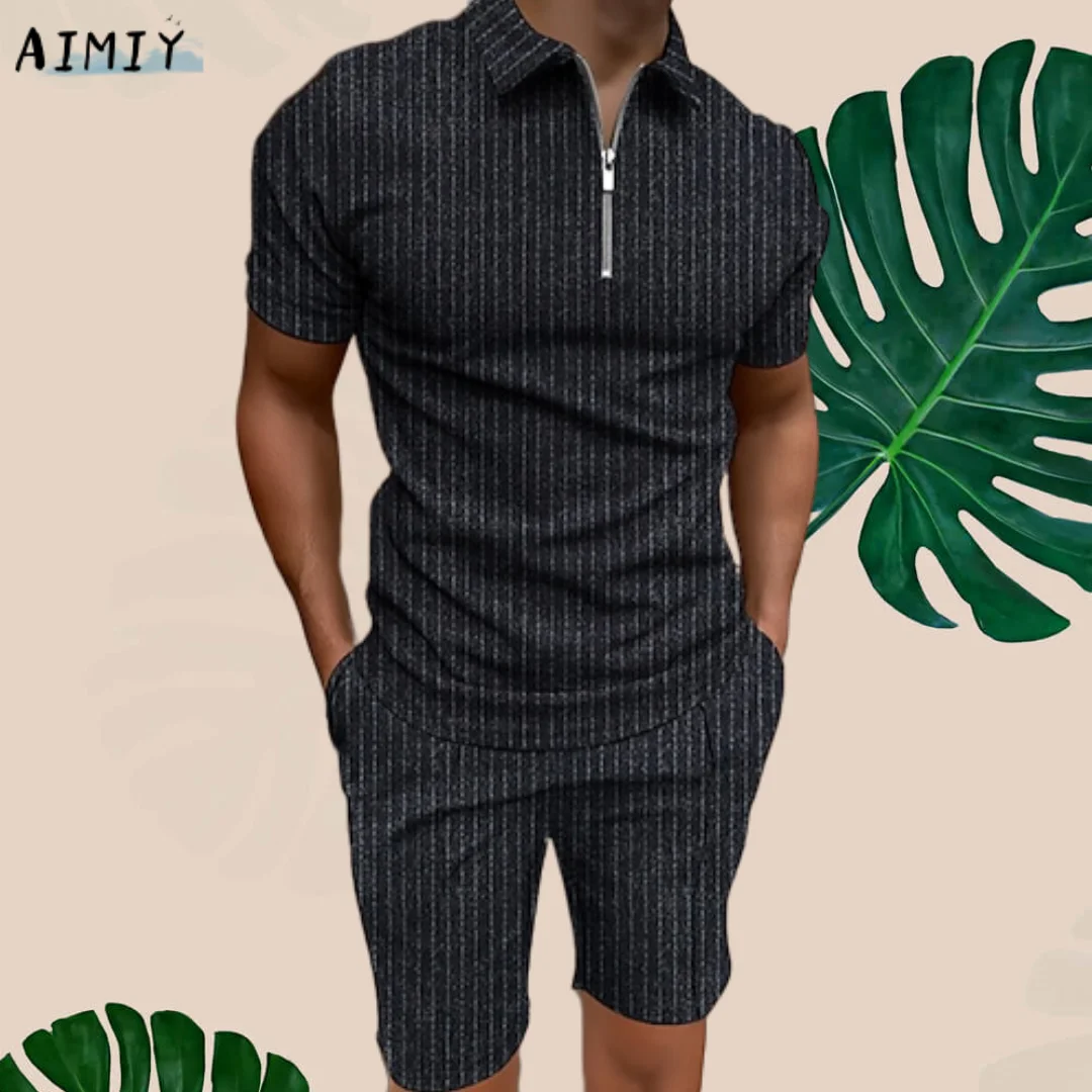 Men's Golf Shirt Set Striped Leisure Sports Outdoor Zipper Patchwork Short Sleeve Tops 2pcs Retro Designer Punk & Gothic Sports