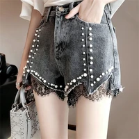 summer korean lace pearl ladies shorts retro fashion loose high waist denim shorts sexy tight nightclub party hot pants