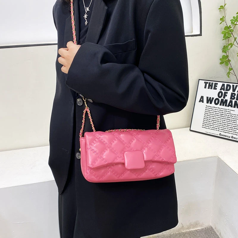 Women's Messange Bag Chain Diamond Lattice PU Leather Magnetic Buckle Adjustable Strap 7Color Optional 2023 New Women Handbags