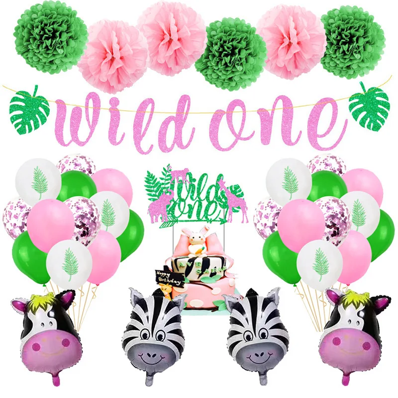 

CHEEREVEAL Cow Zebra Foil Latex Balloon Set Pink Green WILD ONE Banner Cake Topper Girl Baby Shower 1st Birthday Party Supplies