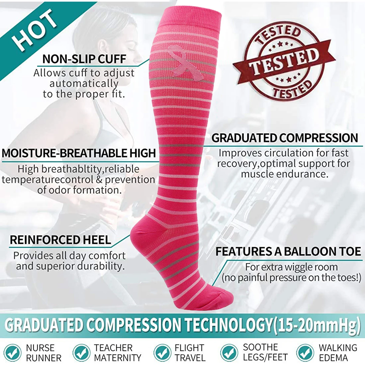 Wholesale Women and Men Compression Socks Running Cycling Sports Socks Knee High Red Ribbon Socks 15-20mmHg Diabetic Veins Socks