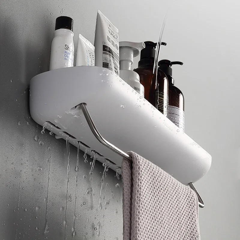 

Wall-Mounted Bathroom Shelf Rectangular Storage Rack With Towel Bar Lotions Storage Kitchen Organizer For Bathroom Accessories