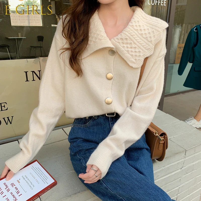 E GIRLS Korean Vintage Sweater Women Autumn Winter Long Sleeve Buttoned Solid Knitted Sweaters Pullovers Tops pull femme jumper