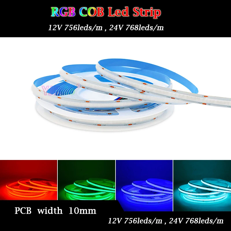 

12V 24V 756/768 LEDs/m 5M Flexible COB RGB LED Strip FCOB atmosphere colorful Light high brightness Lights Tape 10mm White PCB