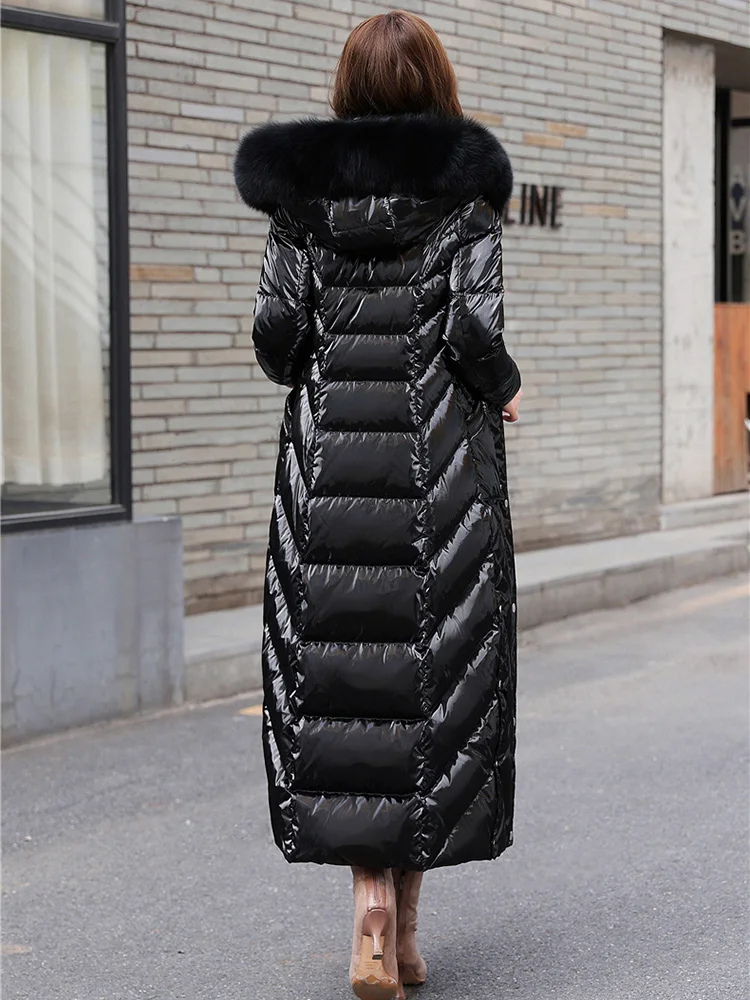 New Women Wash Free Glossy Surface Down Coat Winter Fashion Real Fox Fur Collar Lengthened Thicken Warm Slim Down Jacket Female