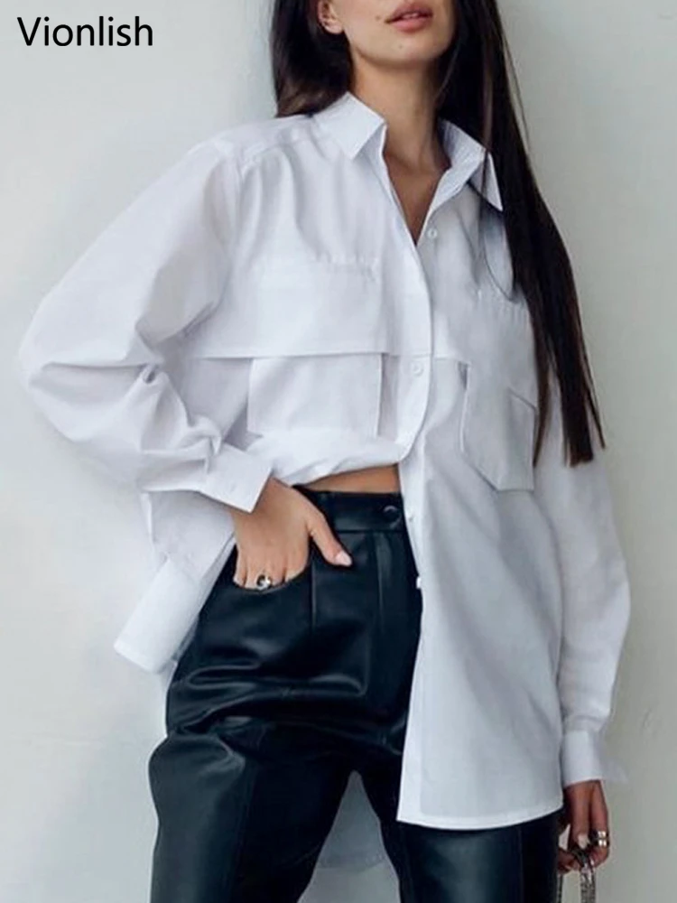 

Vionlish Elegant Turn-down Collar Women Solid Shirts Tops Long Sleeve Single-breasted Loose Female Blouses 2022 Summer Blusas