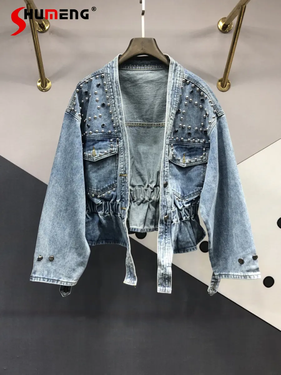 

Streetwear Fashion Elegant Rivets Denim Short Jacket Women's 2022 Autumn New Trendy Slimming V-neck Long Sleeve Slim Waist Coat