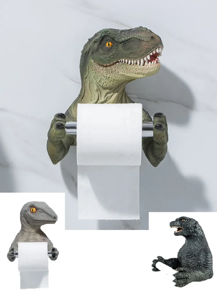

Resin Dinosaur Toilet Paper Holder Tissue Rack Wall-mounted Napkin Shelf Punch-free Stand Towel Figurine Bathroom Home Decor