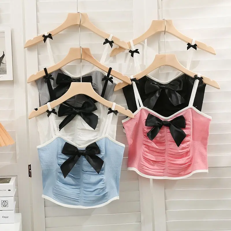 

Summer Bow Embellished Striped Cropped Top Slim Camisole Women's Pleated Slim Knit Wrap Small Vest Sexy Top