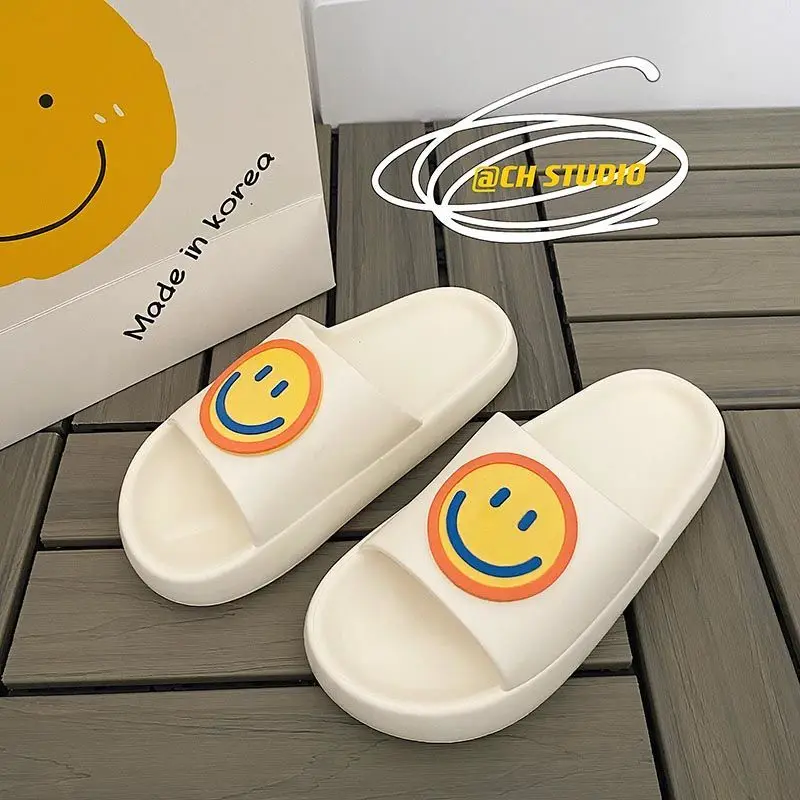 

QWEEK Smiley Slippers Sandals Women Summer 2022 New Outer Wear Korean Version Cute Girls Fairy Thick Bottom Non-slip Home Rubber