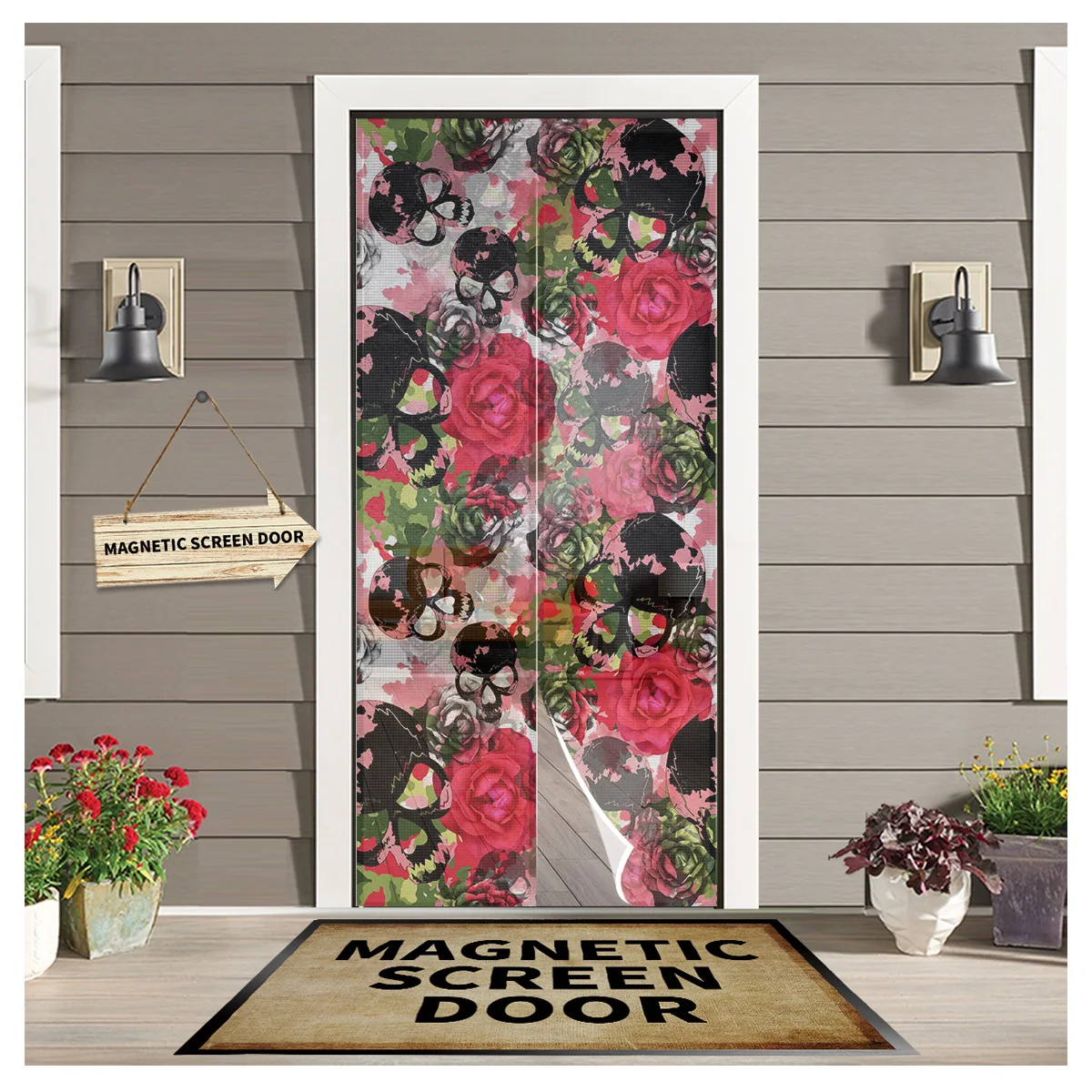 

Сетка-занавеска для окон и дверей, магнитная сетка с изображением черепа, цветов, акварели, москитная сетка, для дома и комнаты