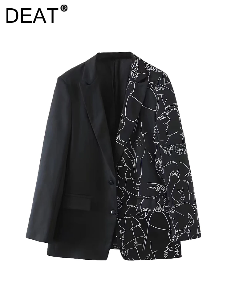 

[DEAT] Women Blazer Printed Patchwork Causal New Lapel Long Sleeve Loose Fit Jacket Fashion Tide Spring Winter 2023 13DA3913