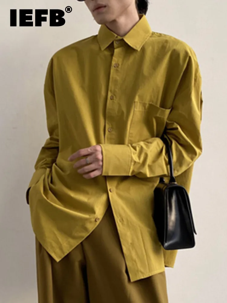 

IEFB Men's Long-sleeved Shirt Korean Style Turn-down Collar Decorated Solid Color 2022 New Fashionable Simple Casual Tops 9A1568