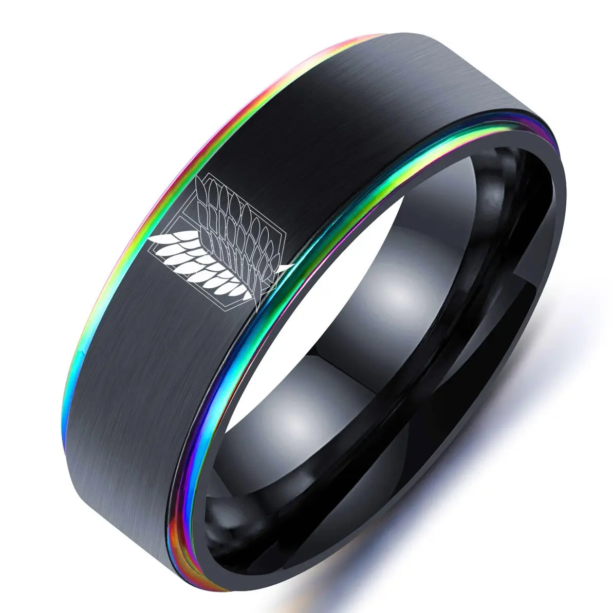 

8mm Attack on Titan Black sliver Stainless Steel Ring Wings Of Liberty Flag Finger Rings For Men Women Jewelry Anime Fans