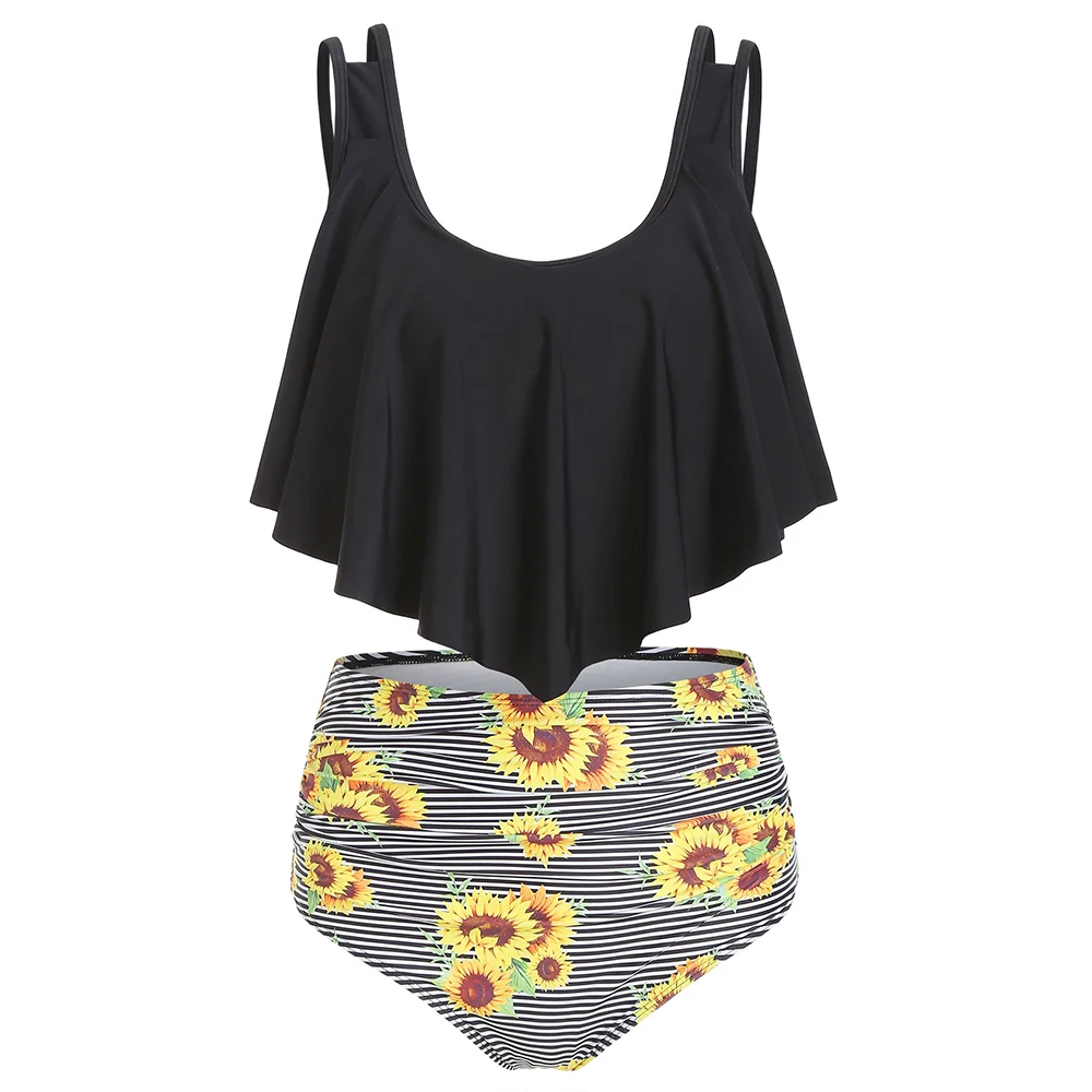 

Женский купальный костюм в полоску с воланами и подсолнухами, с высокой талией, комплект из двух предметов, повседневный летний пляжный кос...