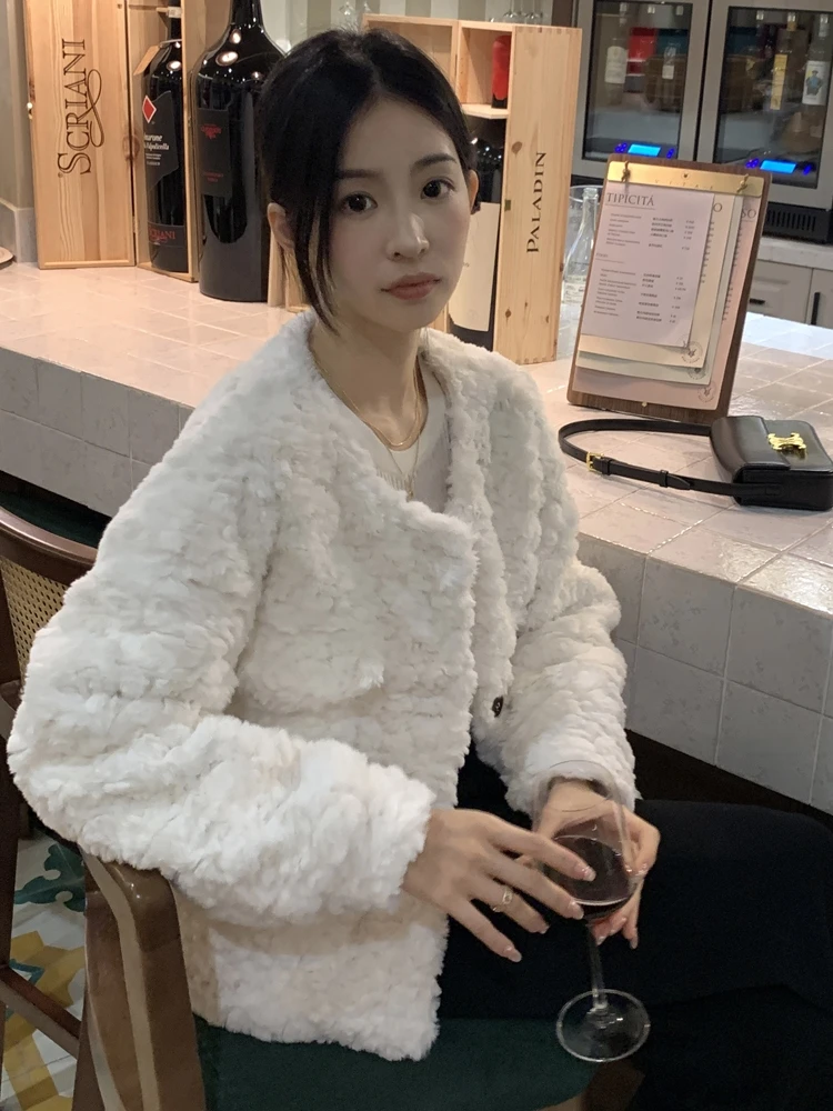 Long Sleeve Lamb Wool Coat New Faux Fur Plush Women's Winter Solid Color Fashion Short Jacket Loose All-matching Clothing