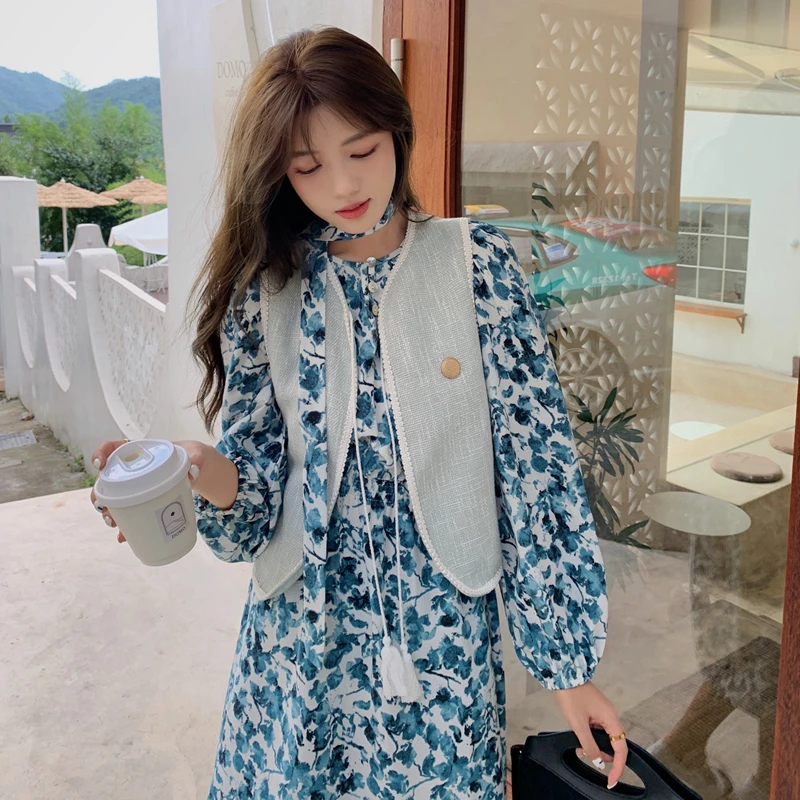 

2022Spring New French Retro Women's Tassel Vest+Floral Dress Two-Piece Set