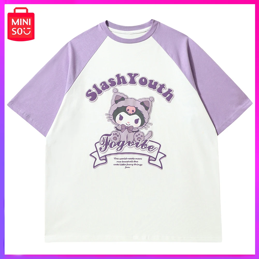 

2024 Miniso Sanrio Kuromi New Summer Sweet College Style Loose Half Sleeve T-Shirt Top Purple Birthday Christmas Girl Boy Gift