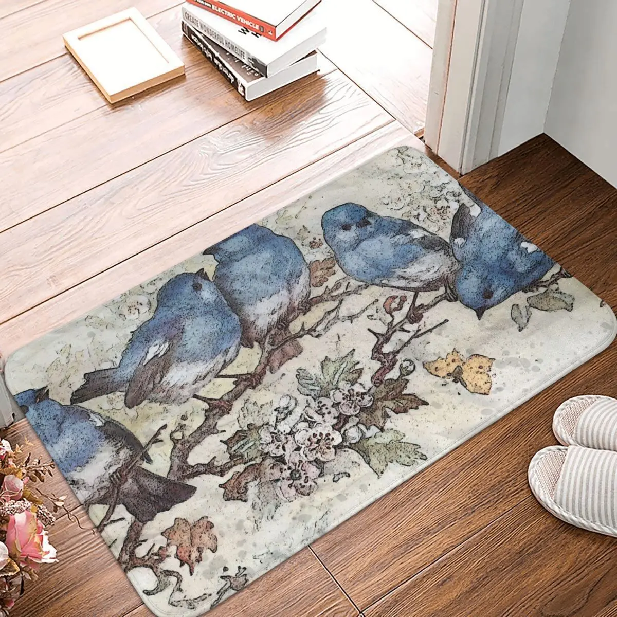 

Pet Lover Bath Non-Slip Carpet Blue Birds Blossom Flowers Living Room Mat Welcome Doormat Home Decor Rug