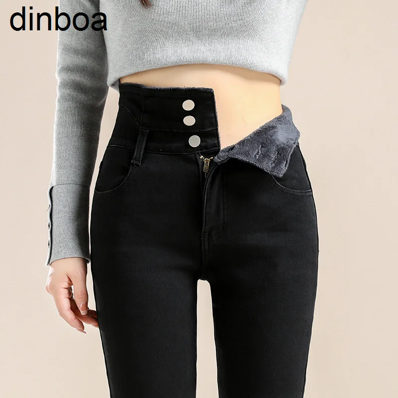 

Dinboa-winter Thick Velvet Women High Waist Skinny Jeans Simple Fleece Warm Slim Fit Stretch Ladies Casual Denim Pencil Pantsy2k