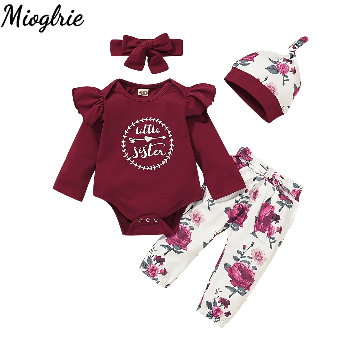 

4PCS Kids Infant Baby Gril Clothes Set Letter Printed Lace Long Sleeve Romper+Floral Printed Pants +Headband+hat Outfit