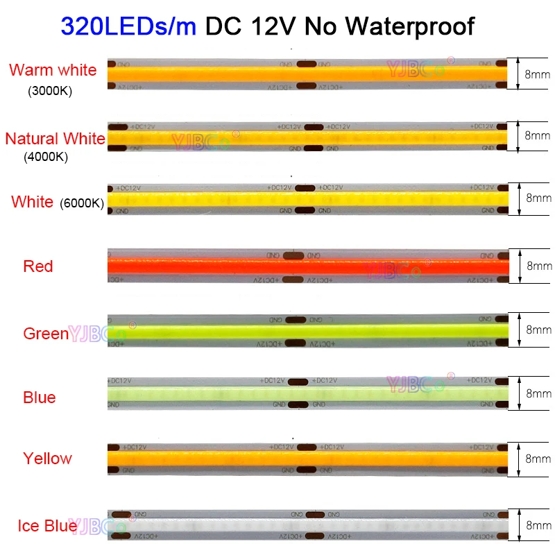 12V 5m Single color White/Warm white/Natural White/Blue/Ice Bule/Red/Green/Yellow Flexible COB LED Strip 320LEDs/m Light Tape