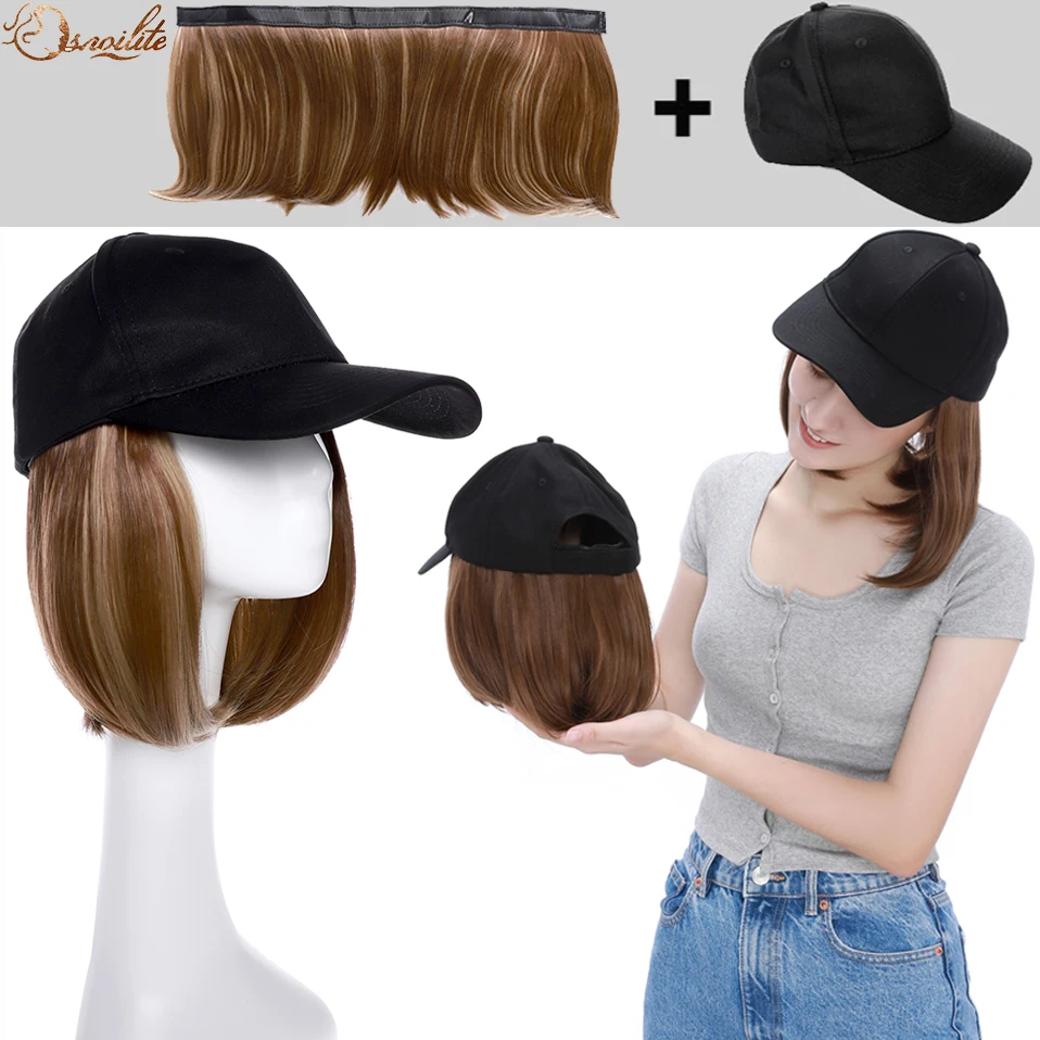 Snoilite Synthetic Detachable Bob Hair with Baseball Cap Hat with Hair Wig Black Brown Straight Hair Short Wigs for Women