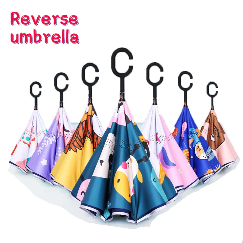 Free Shipping 2022 Hot Children Long Double Layer Kids Reverse Umbrella Cartoon Animal Umbrella for Boys and Girls Handle Free