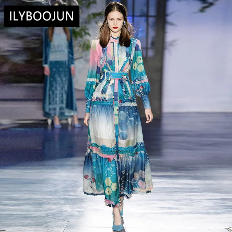 

Dresses For Women 2022 Luxury Designer Elegant Lantern Sleeve Single-breasted Sashes Multicolor Printed Vacation Long Maxi Dress