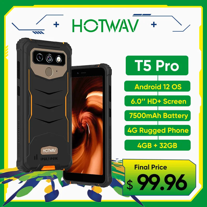 Hotwav T5 Pro 4G Rugged Smartphone Android 12 OS MTK6761 6.0 Inch Screen 4GB 32GB 7500mAh Massive Battery 13MP Camera Cell phone