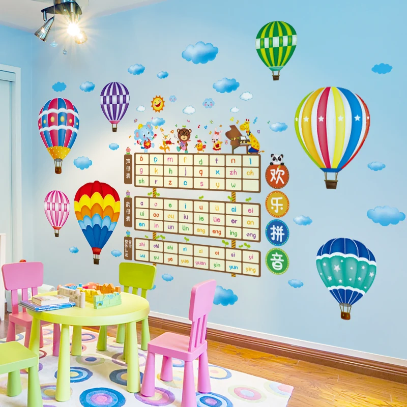 

Cartoon Chinese Pinyin Letters Wall Stickers DIY Hot Air Balloons Wall Decals for Kids Rooms Baby Bedroom Home Decoration