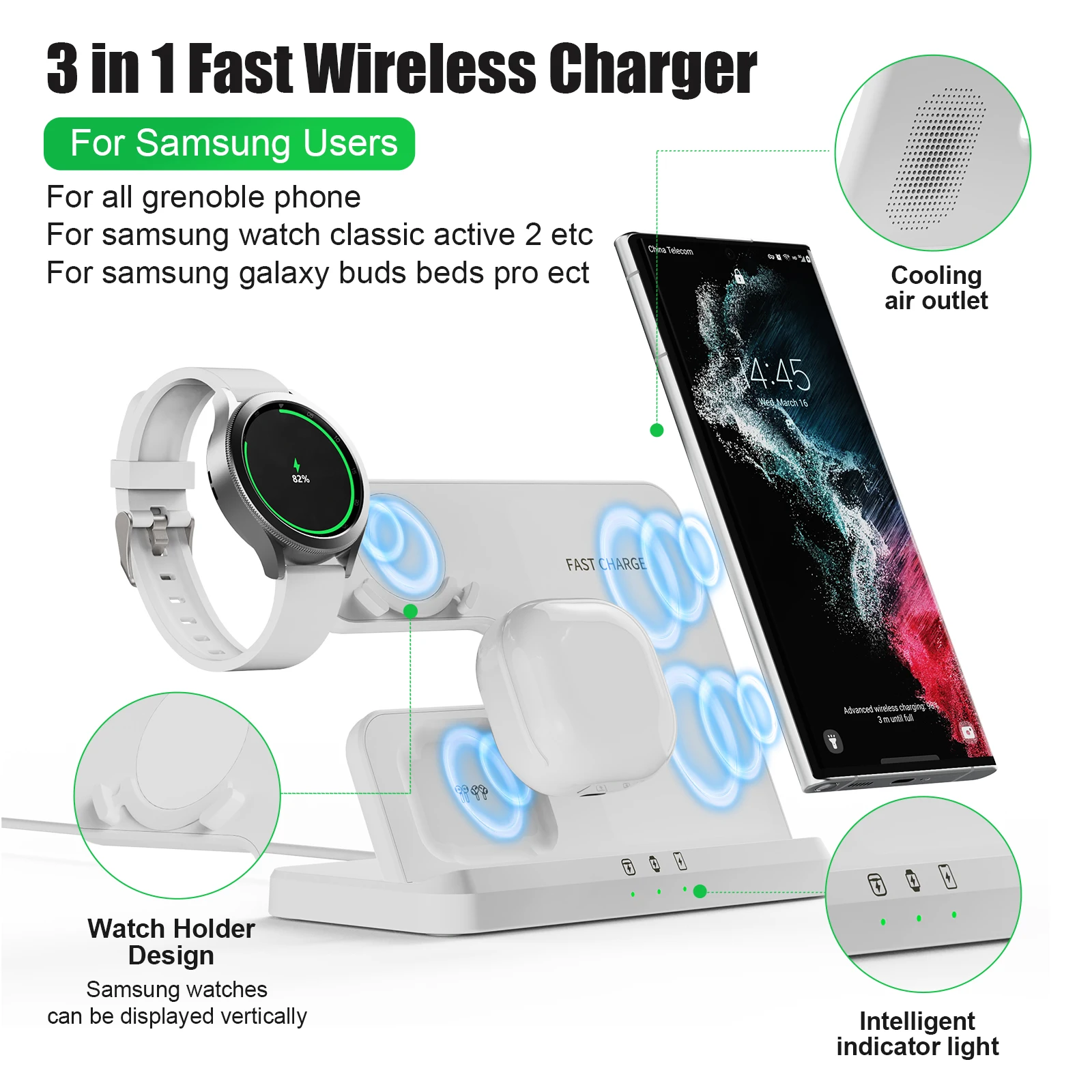 3 in 1 Wireless Charging Station for Samsung S22/S21/S20/ Fast Charge For Galaxy Watch 5Pro 5 4 3 Classic Active 2 Buds Pro Live