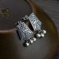 vintage silver filled hand carved flower phoenix earrings fashion ladies handmade hanging beads stud personality earrings