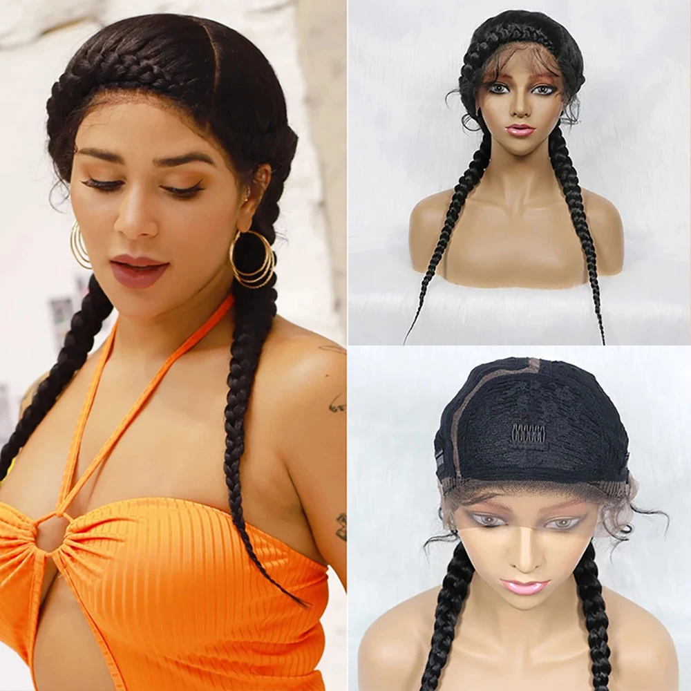24 Inches Lace Front Wigs Synthetic Hand-Braided Lace Frontal Wigs Twins Braided Wigs  for Black Women with Baby Hair Afro Wig