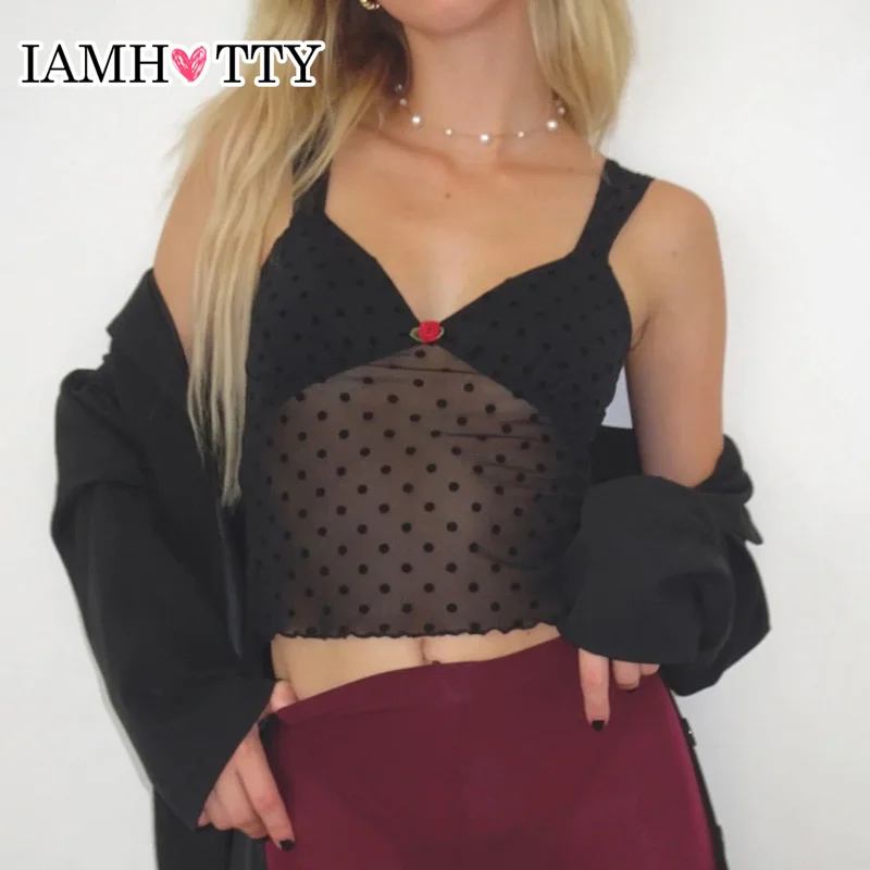 

IAMHOTTY Y2K Polka Dot Mesh Crop Top Black See Through Patchwork Milkmaid Camis Sexy Coquette Aesthetic Corset Vintage Tank Tops