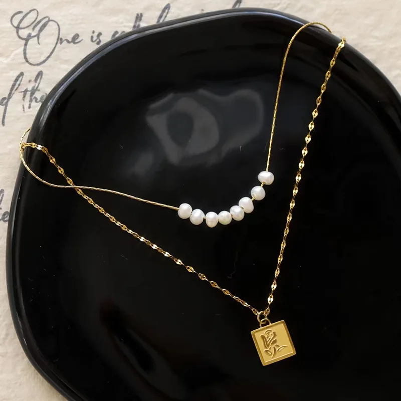 

Pearl Necklace for Women Rose Square Pendant Non Fading 18K Genuine Gold Plating on Titanium Steel Vintage Jewelry Gift New