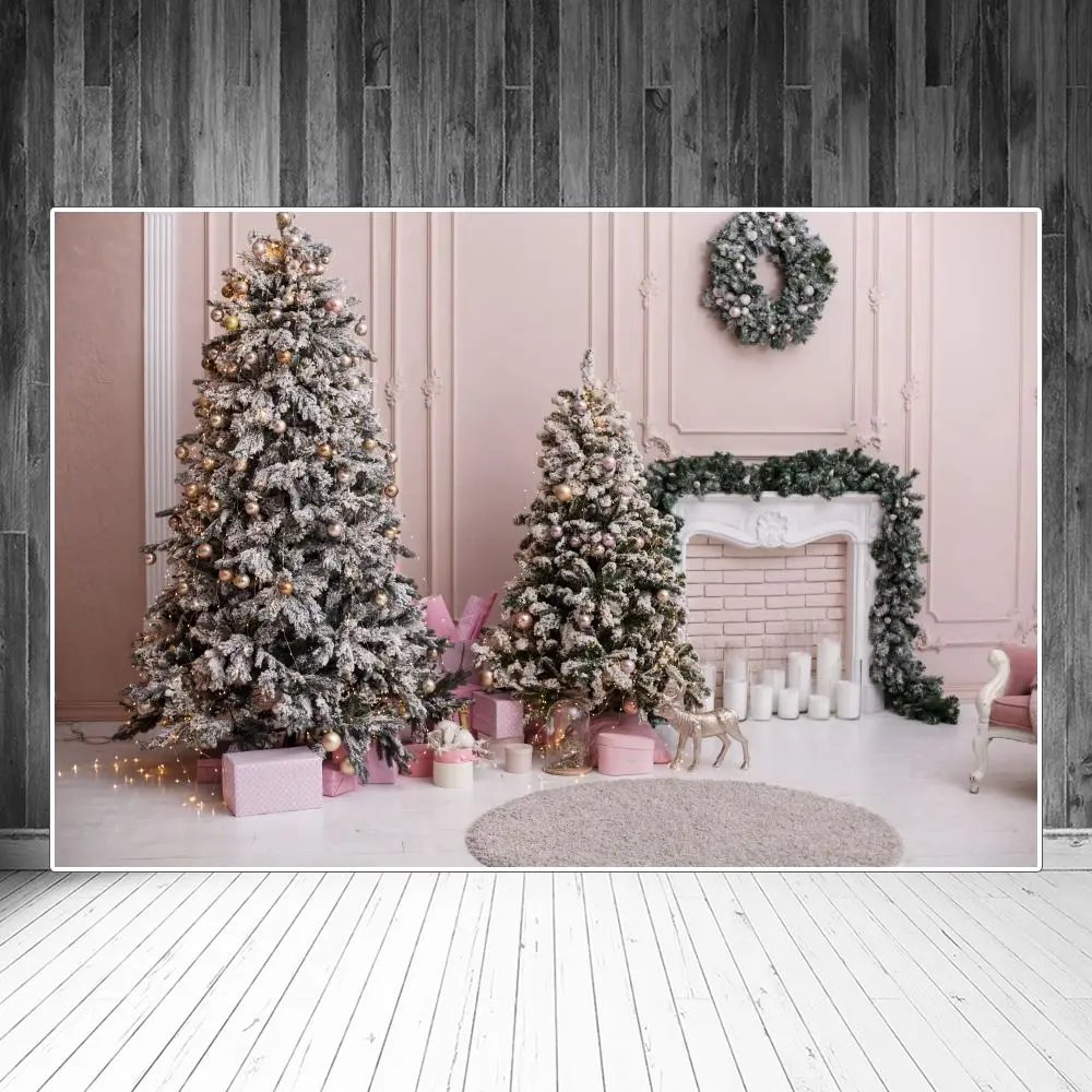 

Christmas Tree Garland Fireplace Candle Room Interior Photography Backgrounds Custom Baby Party Decoration Photo Booth Backdrops