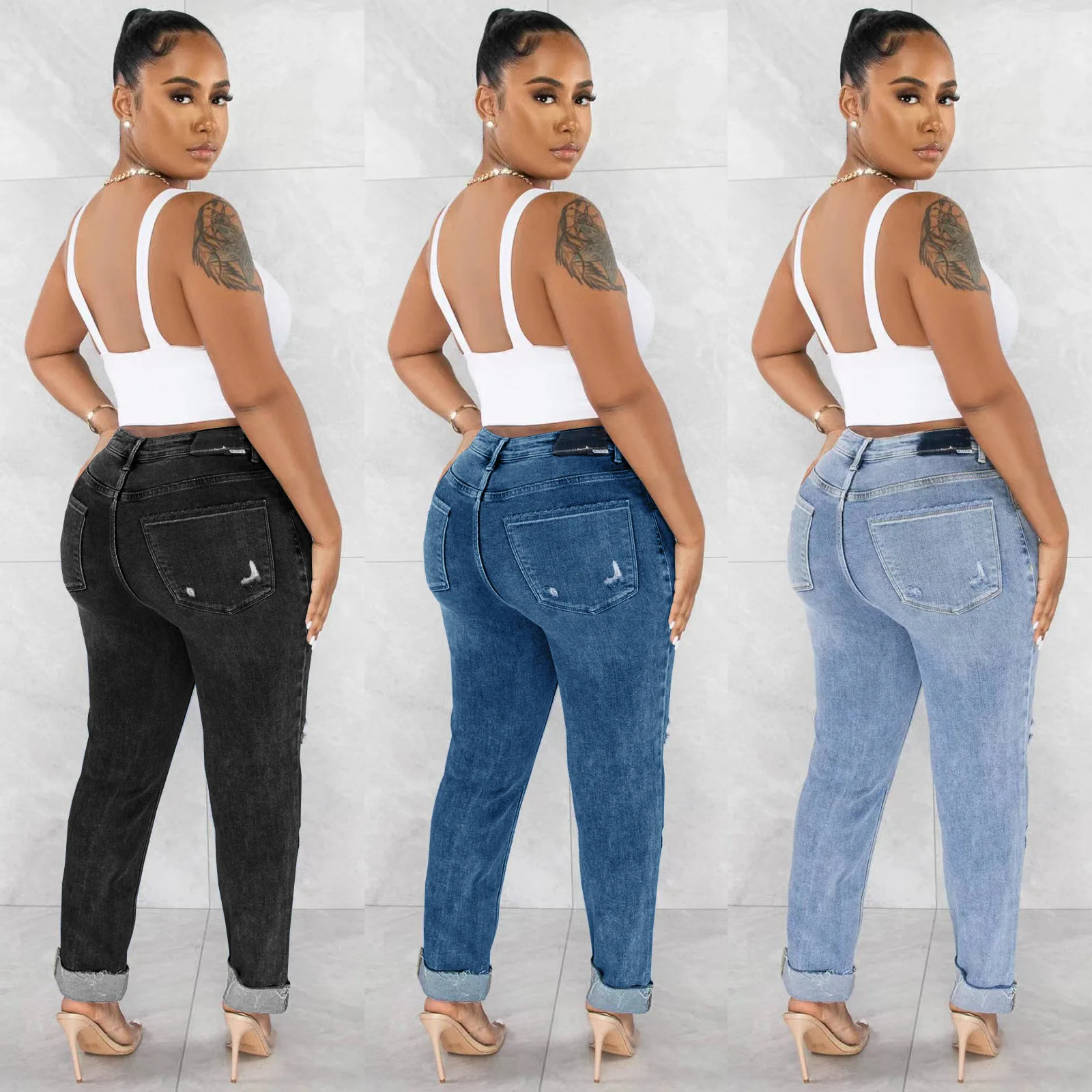 Ripped Hole Women Jeans Personalized Diagonal Buckle High Waist Skinny Denim Pencil Pants 2023 Summer Elegant Office Lady Capris