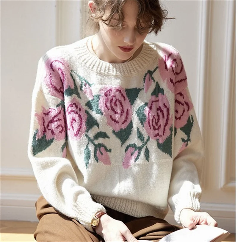 

Высококачественный кашемировый осенне-зимний свитер, французский винтажный розовый жаккардовый шерстяной пуловер, мягкий женский джемпер, вязаная повседневная одежда H312