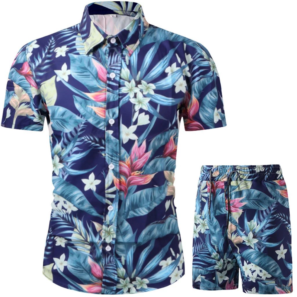 

Men Sets Summer Fashion Clothing Hawaiian Shirt Sets 2 Piece Men Short Sleeve Beach Wear Clothes Shorts Printed Quick Dry