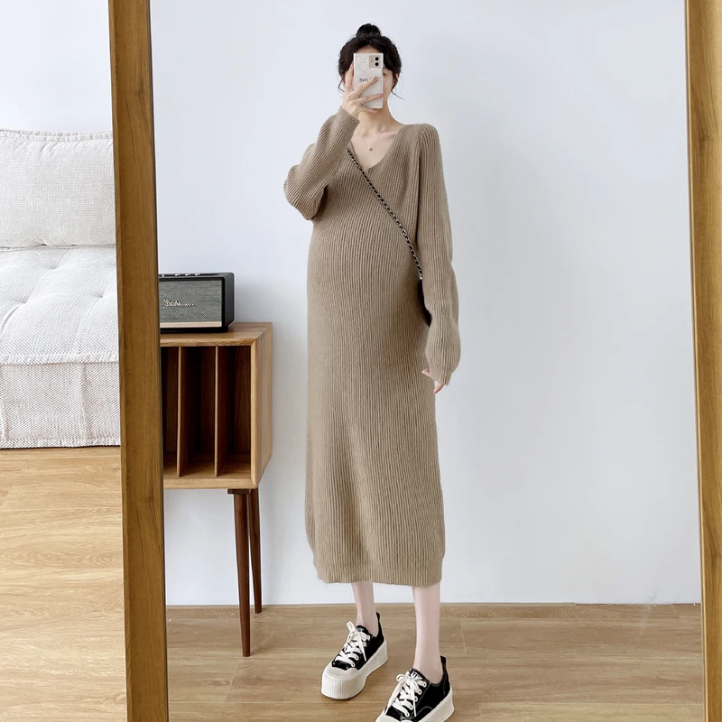 Warm Pregnant Dress Maternity Clothes Autumn Knitted Pregnancy Long Dresses Loose Fit V Neck Casual Maternity Clothings enlarge
