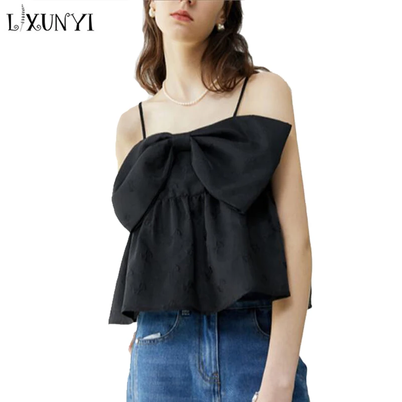 

LXUNYI 2022 Summer Black Camis Vest Female Sweet Bow Sexy Sleeveless Tops Design FormalTank Tops Short Solid